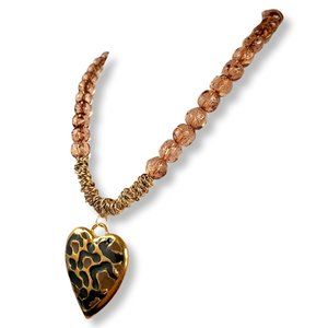 Signed AVENUE Statement Necklace Champagne Rose Colored Lucite Beads Gold Heart